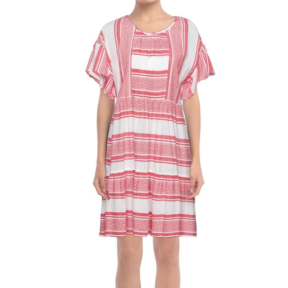 Velvet by Graham & Spencer Janaye Island Jacquard Ruffle Red & White Dress | S - Picture 3 of 9